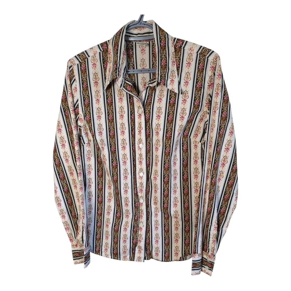 Lucky Brand Vintage 70s Fleur‎ de Lis Pattern Button Down Shirt Size Large